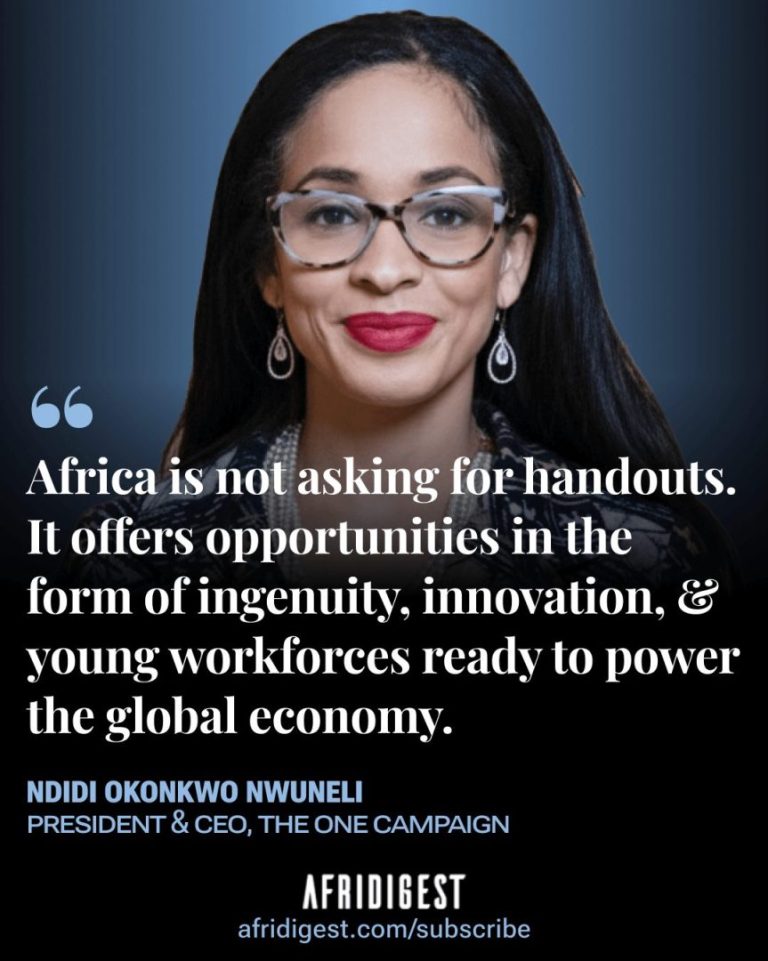 Quote with image of Ndidi Nwuneli: “Africa is not asking for handouts. It offers opportunities in the form of ingenuity, innovation, and young workforces ready to power the global economy.”