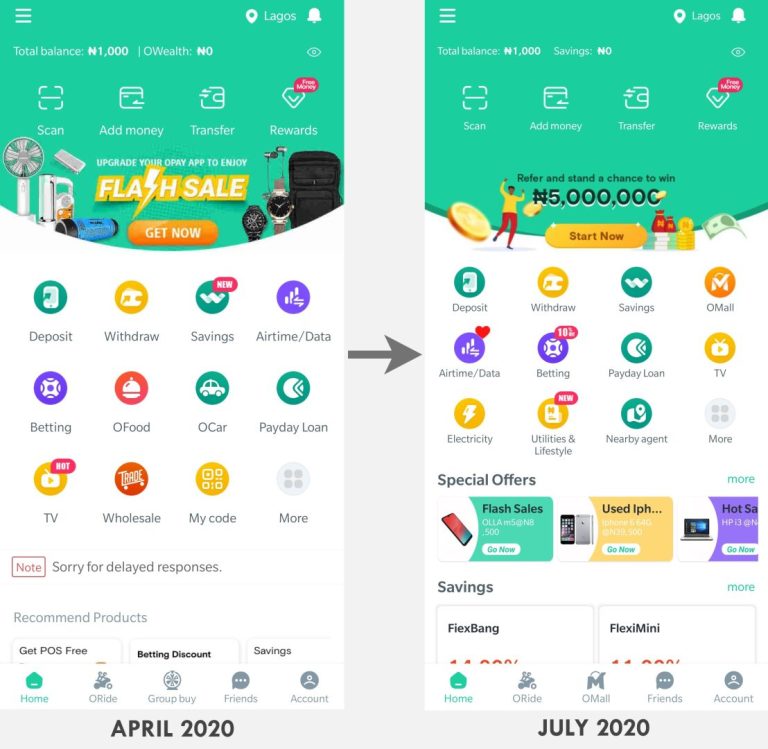 Side-to-side screenshots of OPay app in April 2020 and July 2020.
