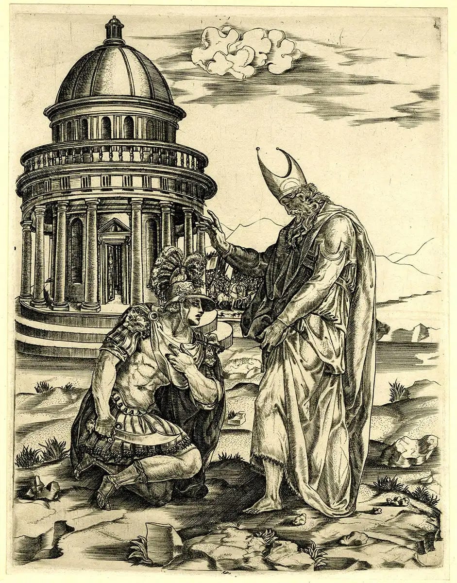 Alexander the Great kneeling before the High Priest of Ammon